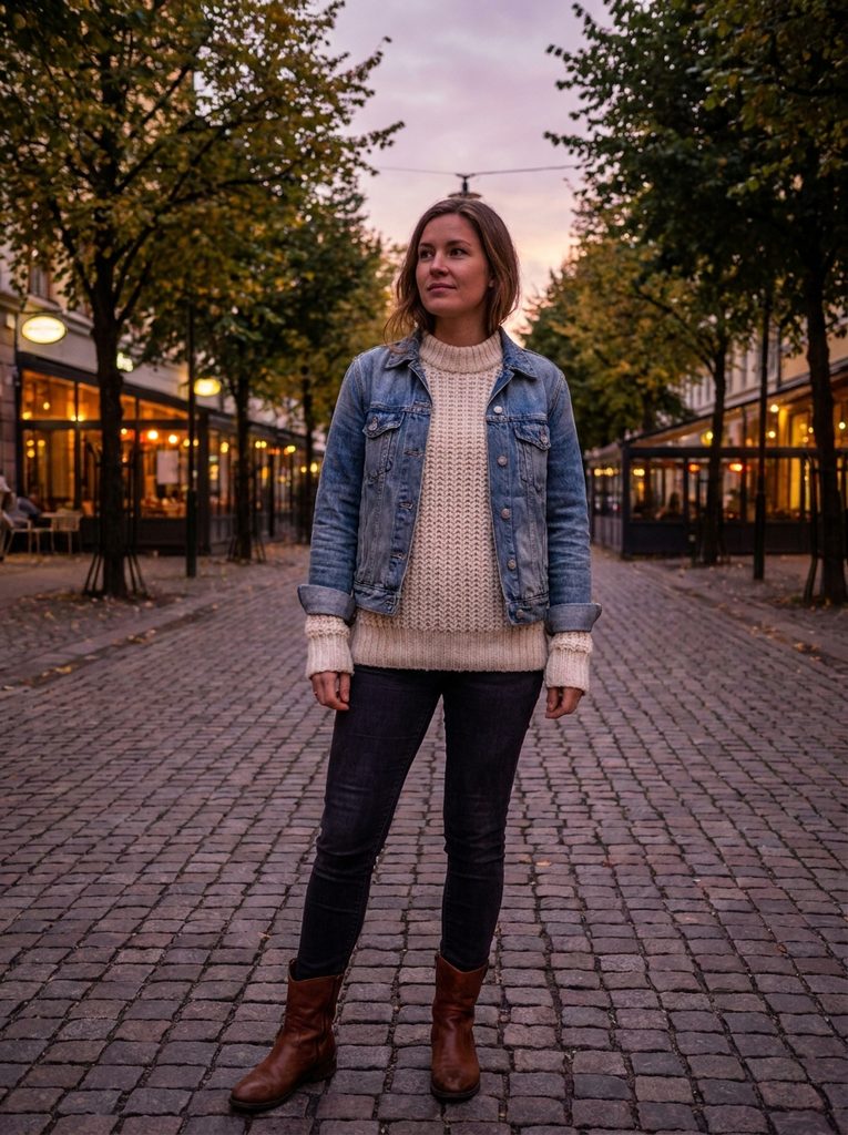 Evening early fall outfit with knit sweater and denim jacket at dusk