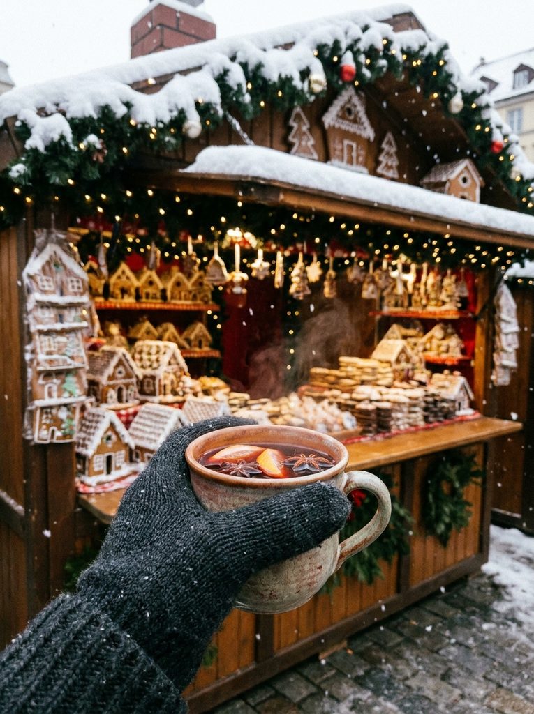 Gloved hand holding a cup of mulled wine against a dark wool sweater with a sugar-dusted gingerbread stall behind