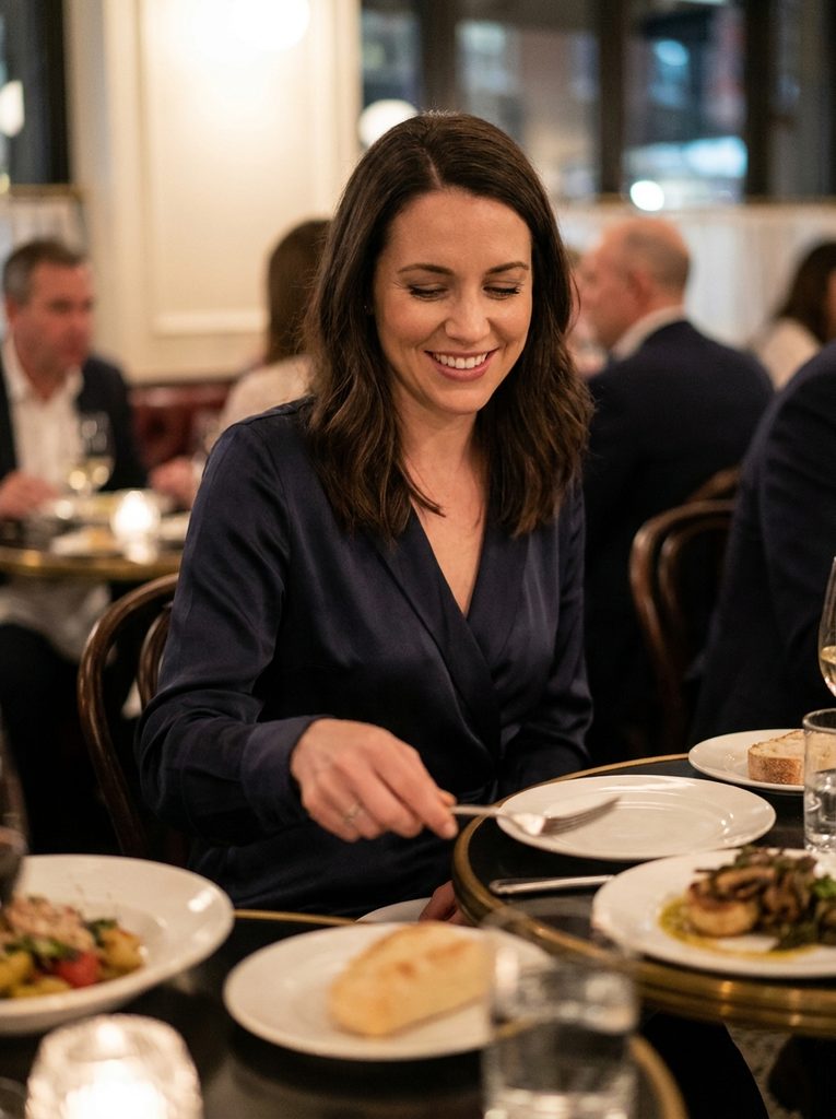 Woman in a midnight wrap dress seated comfortably at a restaurant table reaching for a fork