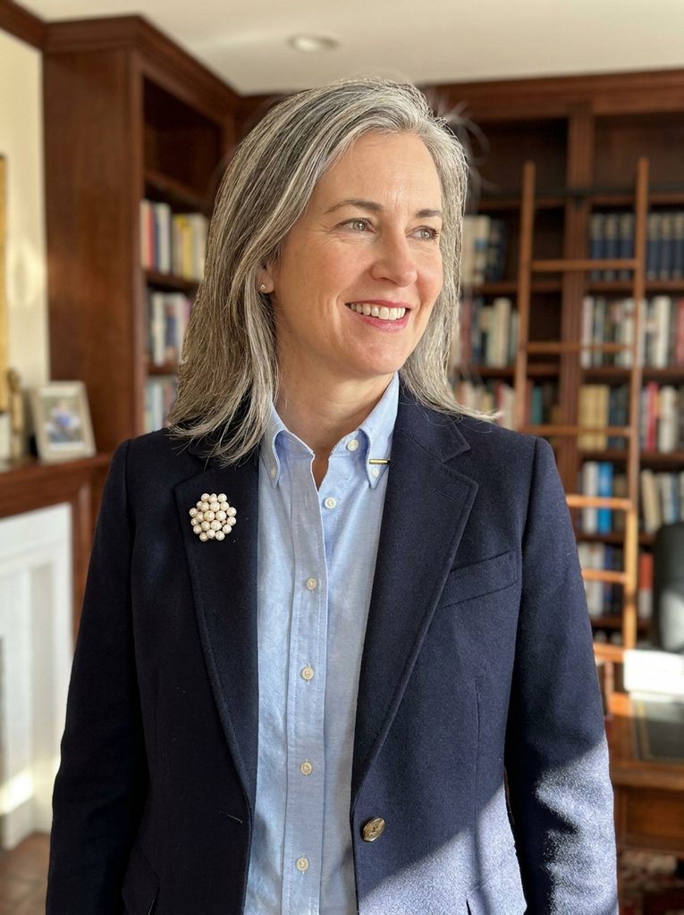 Flat lay of a navy blazer, oxford shirt, pearl brooch, and gold pin