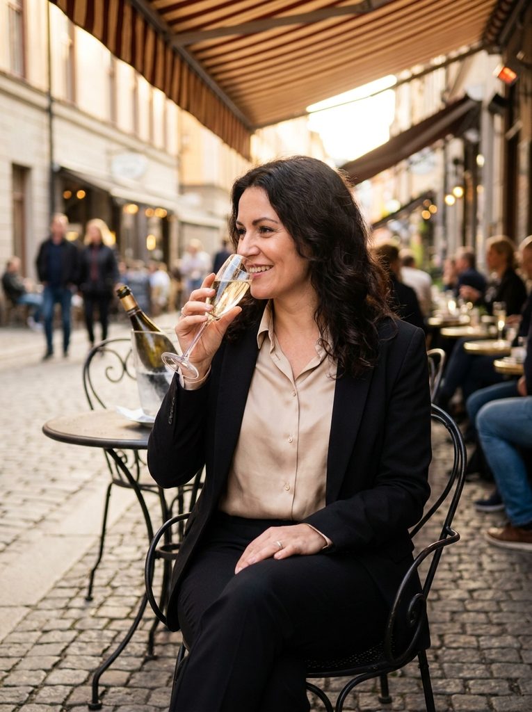 Woman in a silk-blend blouse and black blazer at a bistro table with sparkling wine
