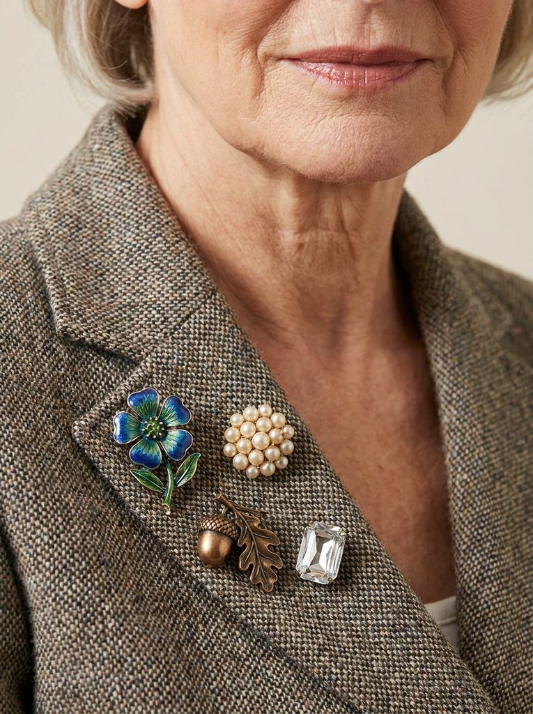 Four brooches including enamel flower, pearl cluster, acorn, and crystal pin