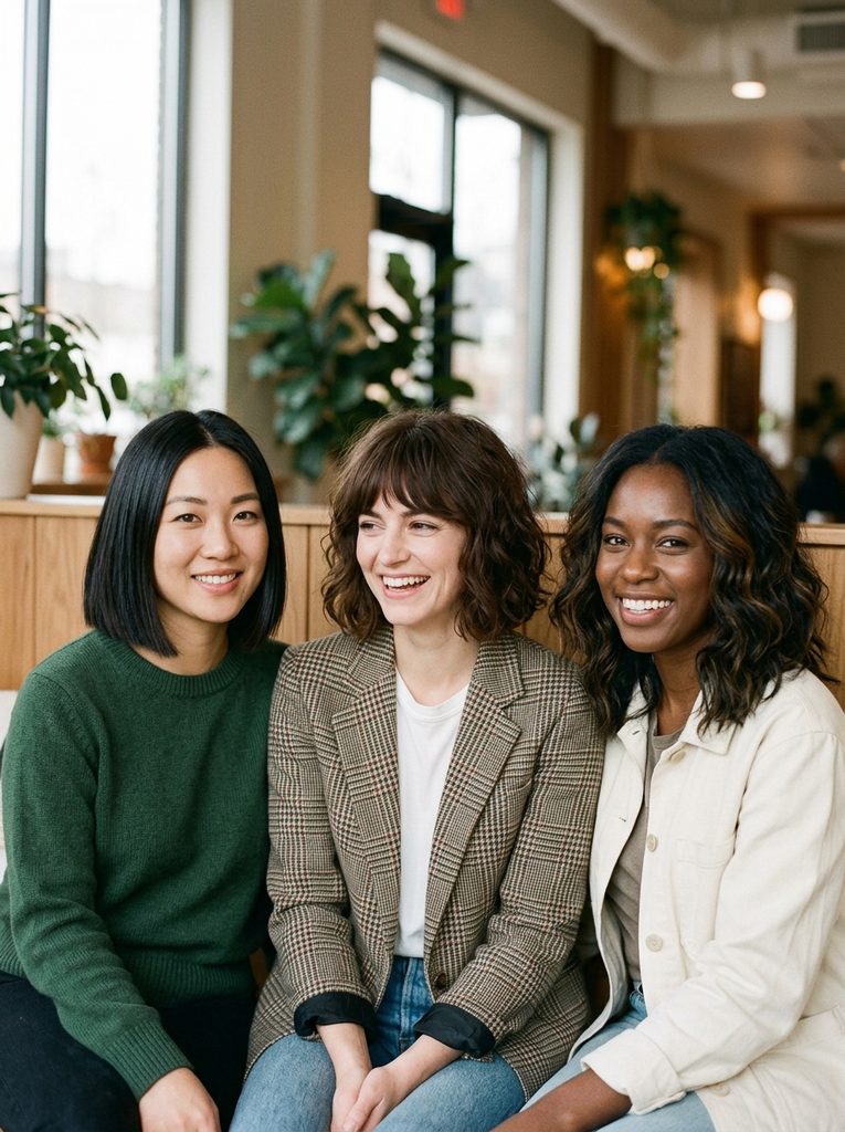 Three women with a classic bob, a French bob with fringe, and a long bob side by side