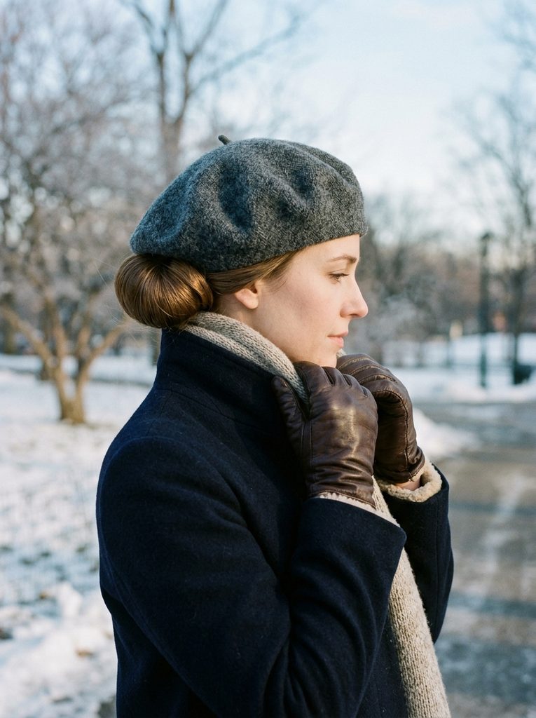 Woman in a wool beret and lined leather gloves with a smooth low bun in winter light