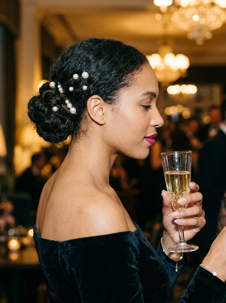 Woman with a pearl-pinned chignon, berry lip, and pearl-topped nails holding a champagne flute