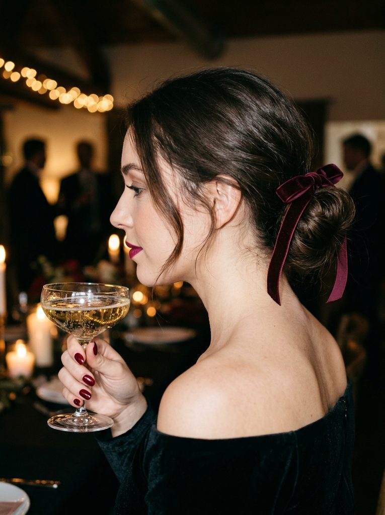 Woman with a velvet-ribbon low bun, berry lips, and deep cherry nails holding a champagne glass