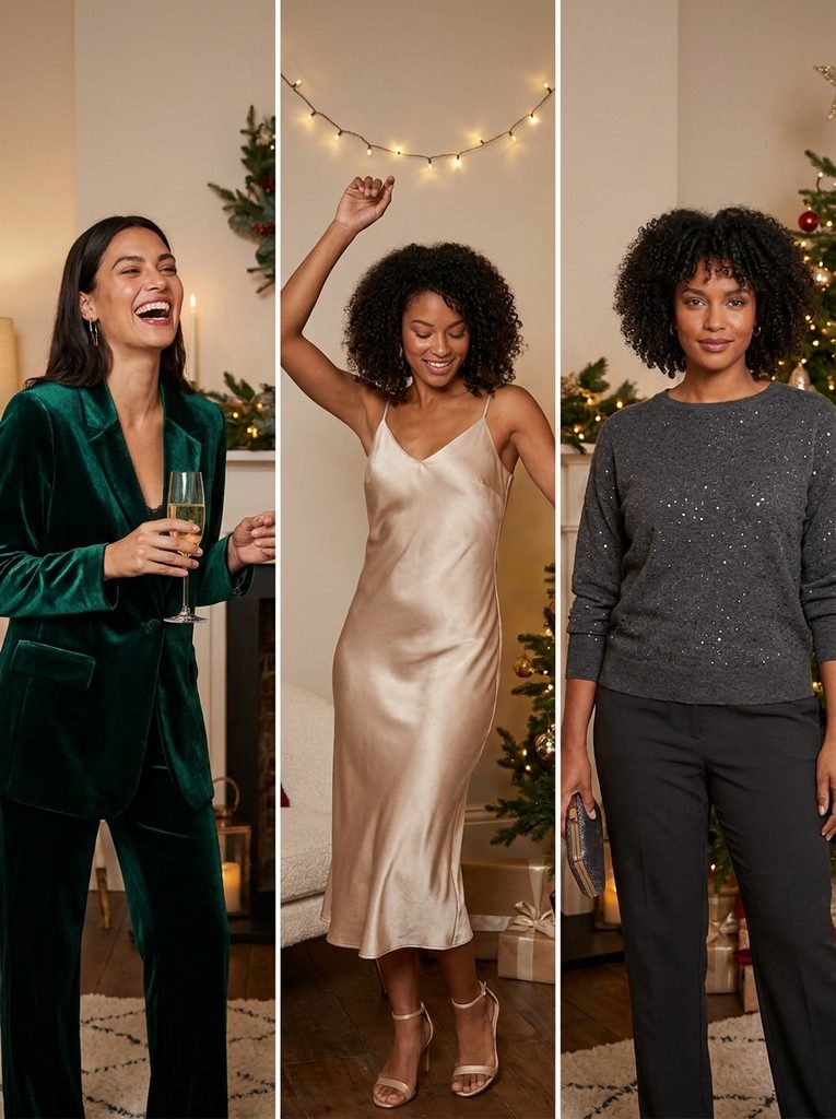 Woman in a green velvet blazer and champagne satin camisole holding a champagne flute at a candlelit holiday party
