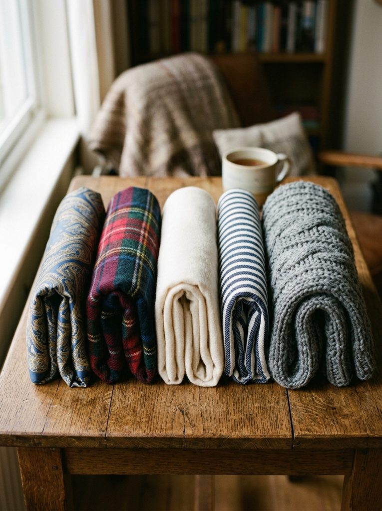 Five folded scarves in silk, plaid wool, cashmere, cotton, and blanket knit