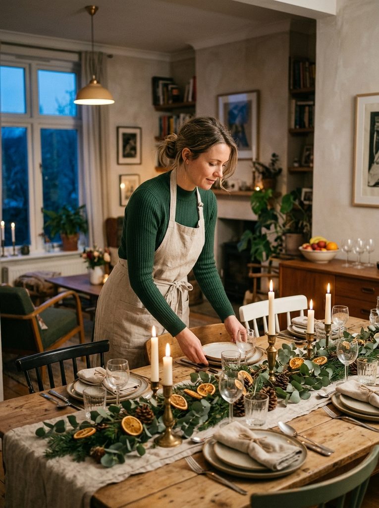 Woman in a knit dress and linen apron setting a festive dinner table at home