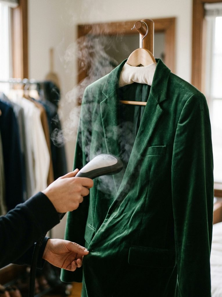 Hands steaming a green velvet blazer on a padded wooden hanger