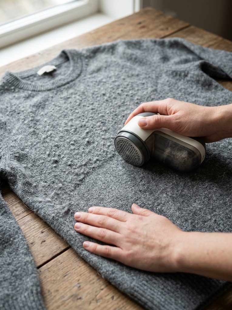 Hands removing pills from a grey merino sweater with a fabric shaver