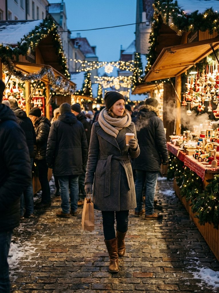 Woman in a belted charcoal wool coat, oatmeal scarf, and brown boots walking through a Christmas market lane