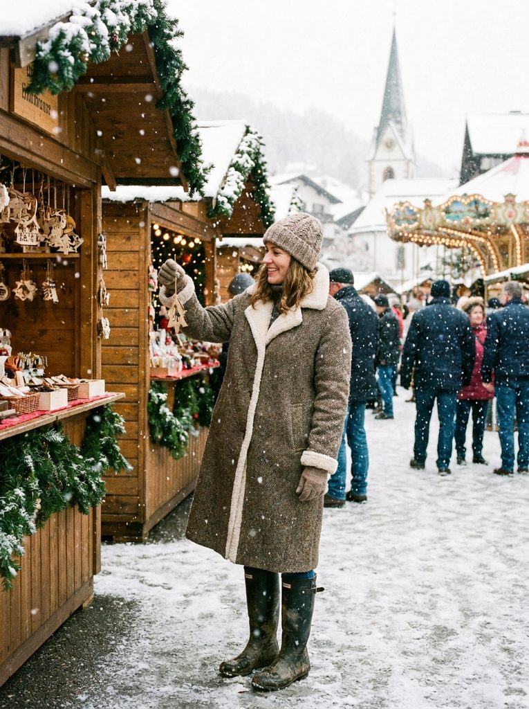 Woman in a lined wool coat and waterproof boots browsing ornaments at a snowy village Christmas market