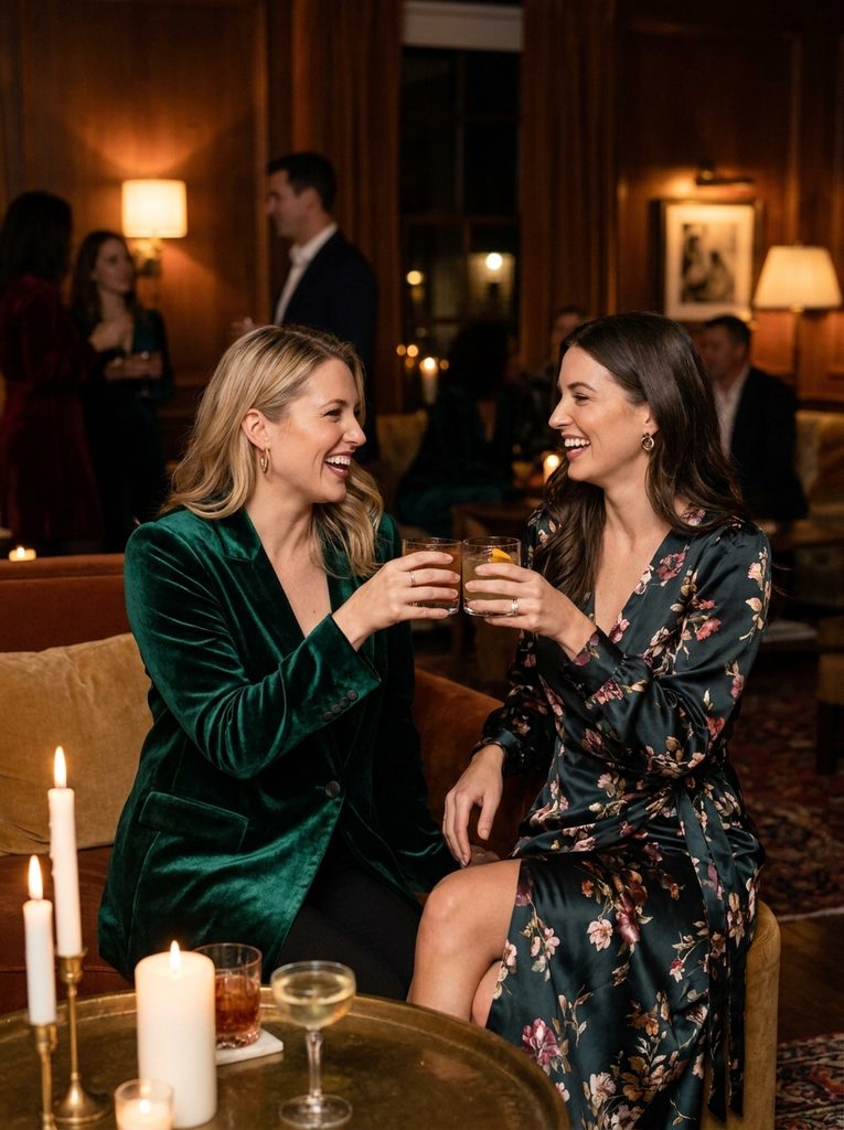 Two women in velvet and satin outfits laughing at a candlelit cocktail evening