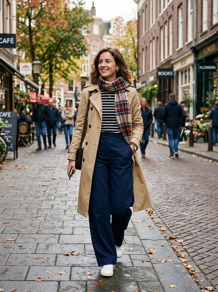 Woman in a khaki trench, striped tee, wide-leg trousers, and check cotton scarf