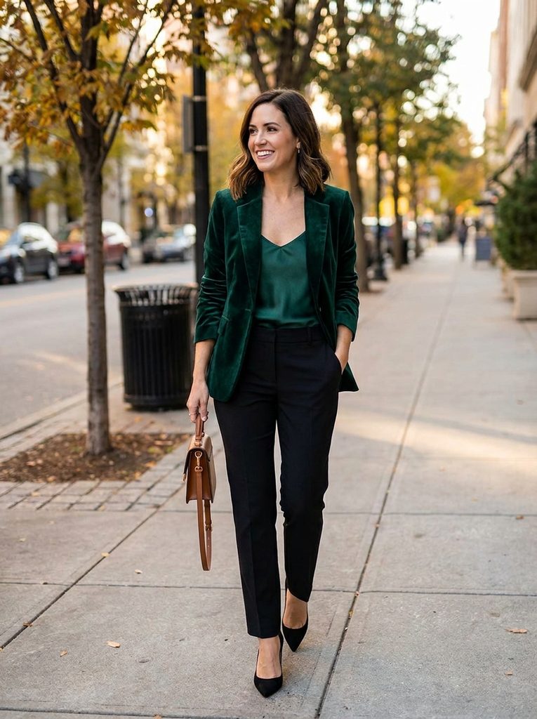 Woman in a tonal emerald velvet blazer and satin camisole with black trousers