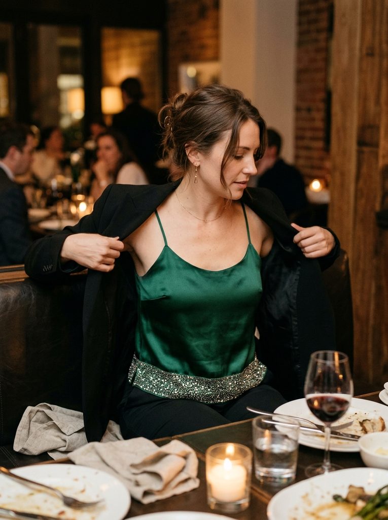 Woman removing a black blazer to reveal a satin camisole with a sequined hem at a restaurant table