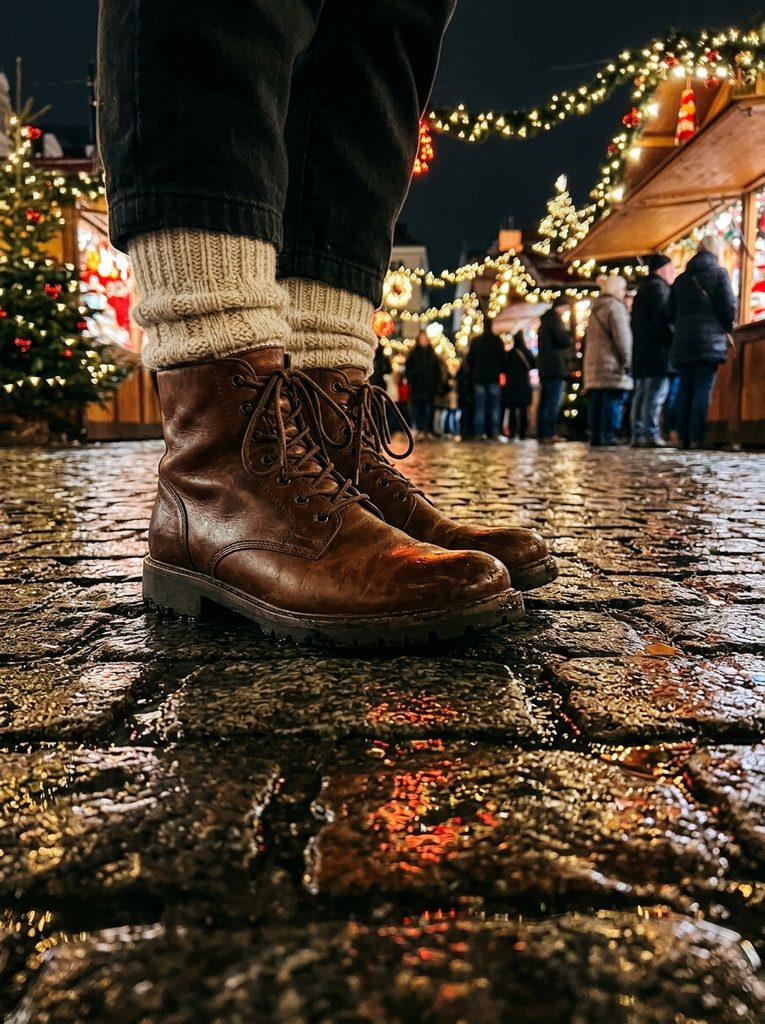 Brown lug-sole boots with cream wool socks on wet cobblestones reflecting Christmas market lights