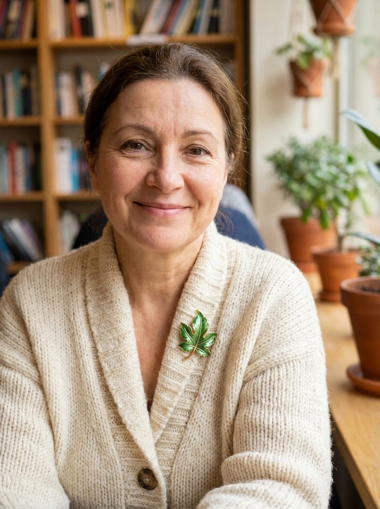 Woman in a cream cardigan with a green enamel leaf brooch at the collarbone