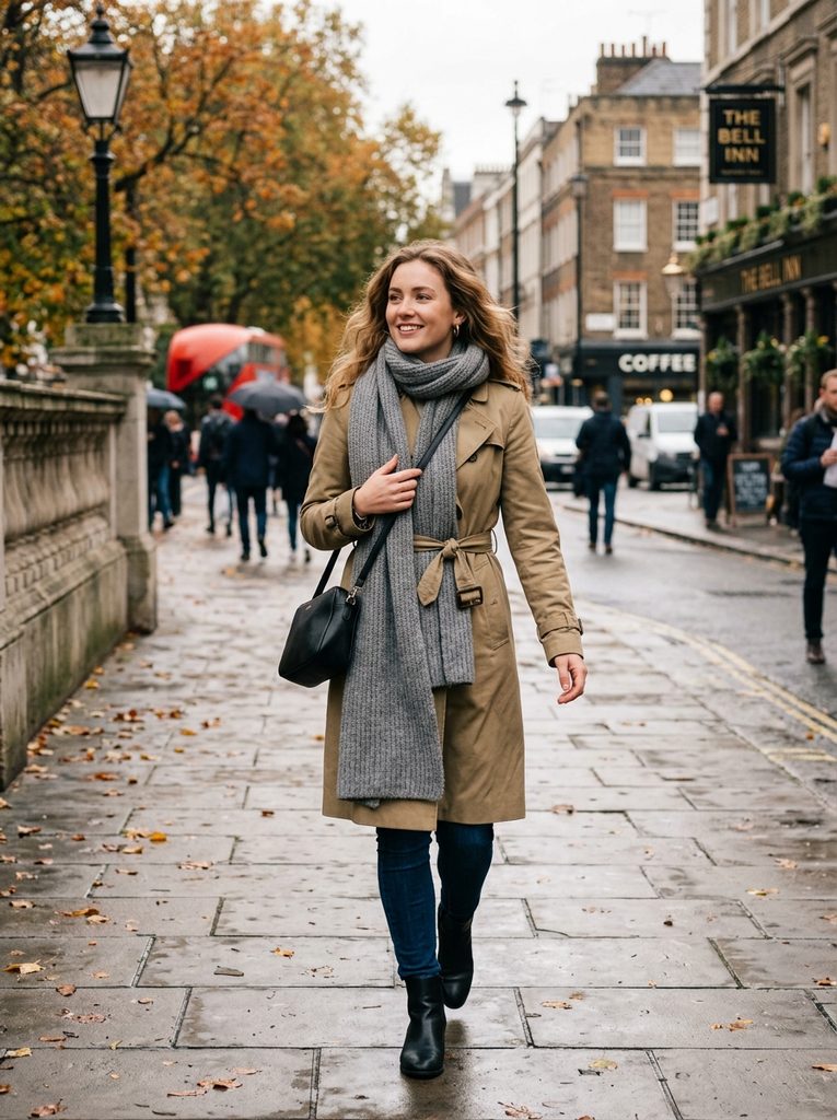 Woman in a khaki trench with a long grey wool scarf wearing woman