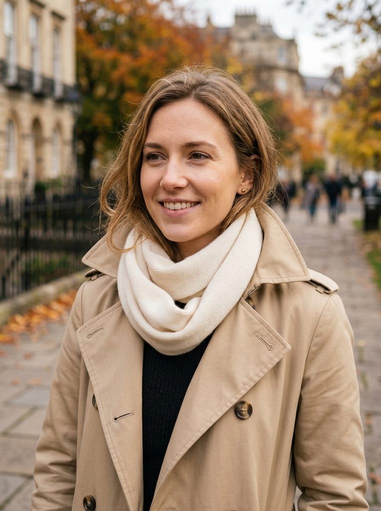 Cream merino scarf wrapped in a loop under a trench coat collar
