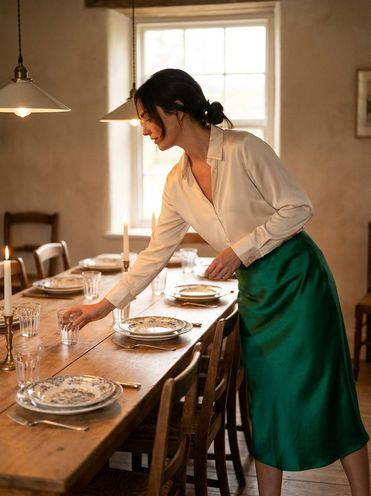 Woman in a satin midi skirt leaning forward to reach a glass at a dinner table
