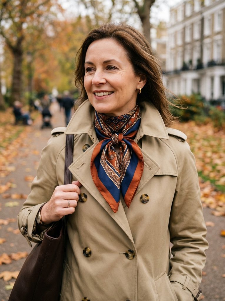 Small navy and rust silk scarf knotted at the collar of a khaki trench