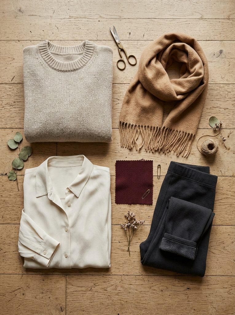 Flat-lay of merino sweater, cashmere scarf, wool crepe swatch, silk-wool blouse, and fleece-lined tights
