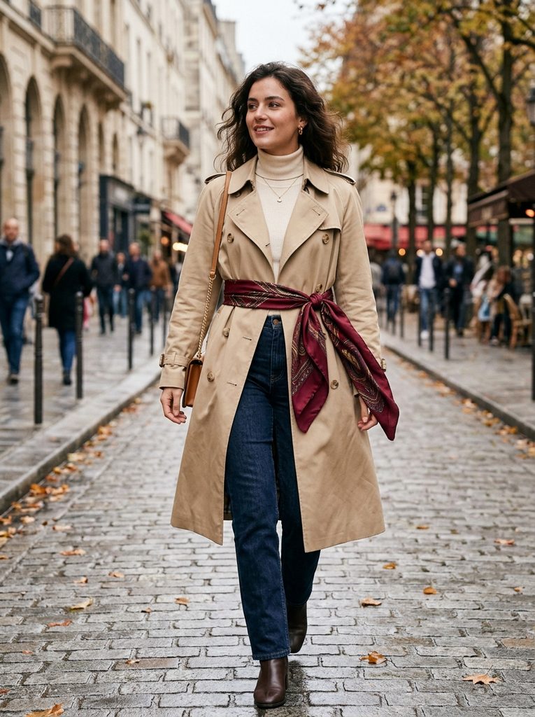 Burgundy silk scarf tied at the waist of an open beige trench coat