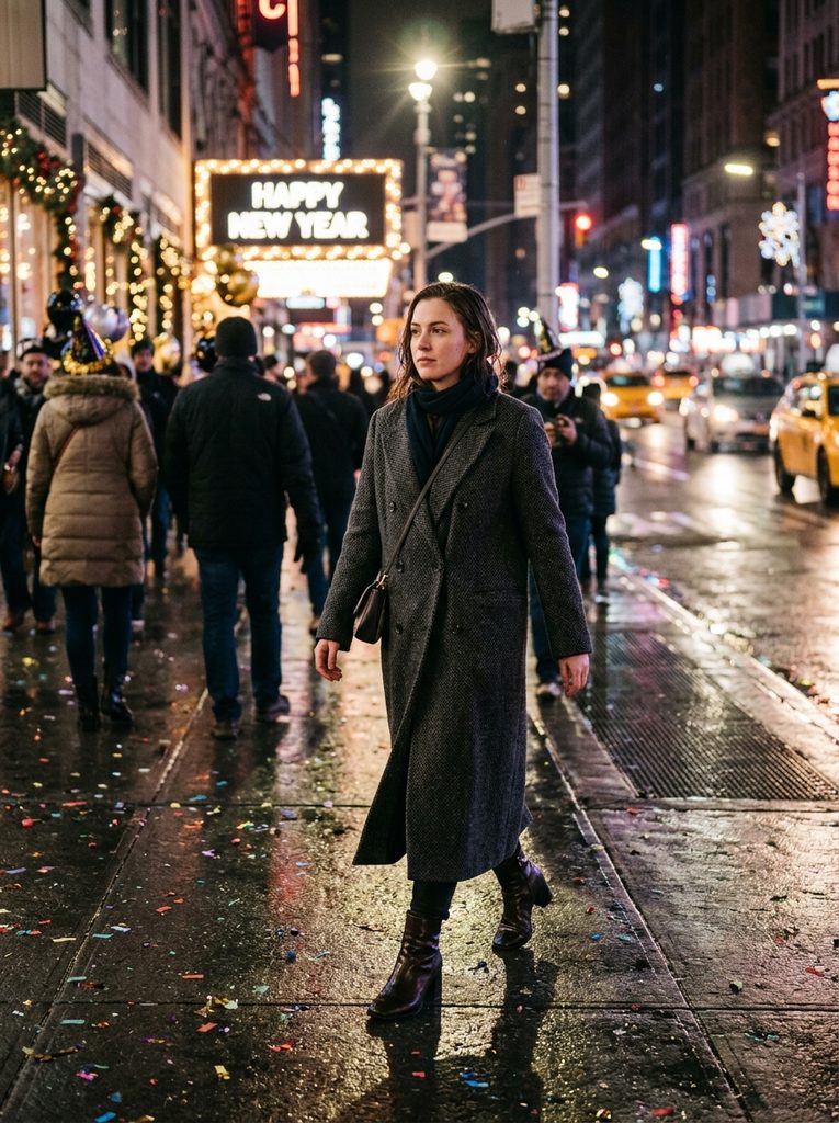 Woman in a charcoal wool coat and block-heel boots walking a wet city street on New Year's Eve
