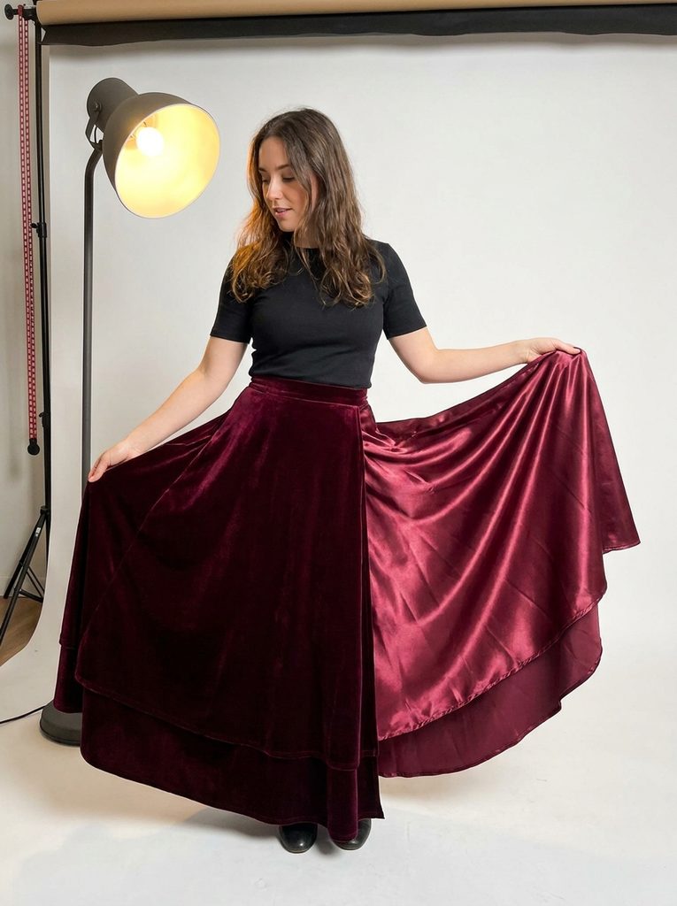 Burgundy velvet and burgundy satin skirts wearing womanshowing different light reflection