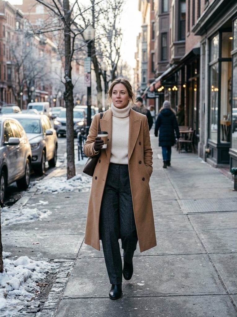 Woman in a camel coat, ivory turtleneck, charcoal trousers, and ankle boots walking on a winter morning street