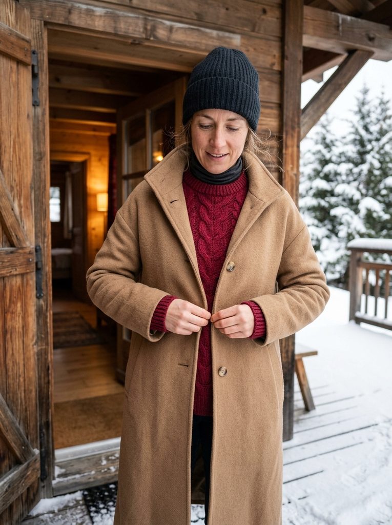 Woman unbuttoning a camel coat in a chalet doorway to show a cranberry cable-knit sweater and thin merino base layer