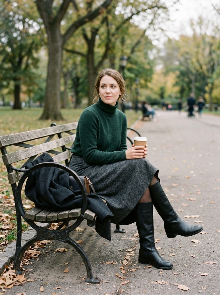 Woman on a bench in a wool midi skirt, black tights, and matching black leather boots