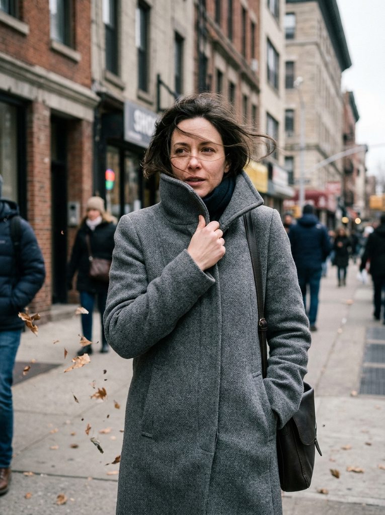 Woman in a closely woven grey wool coat with the collar up on a windy street