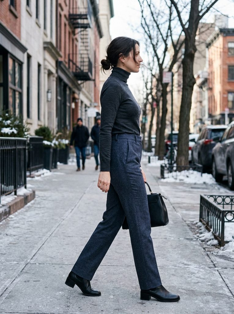 Side view of a woman in a merino turtleneck, straight wool trousers, and ankle boots with a clean winter silhouette