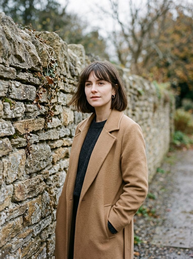 Woman with a chin-length blunt bob and soft fringe in a camel coat by a stone wall