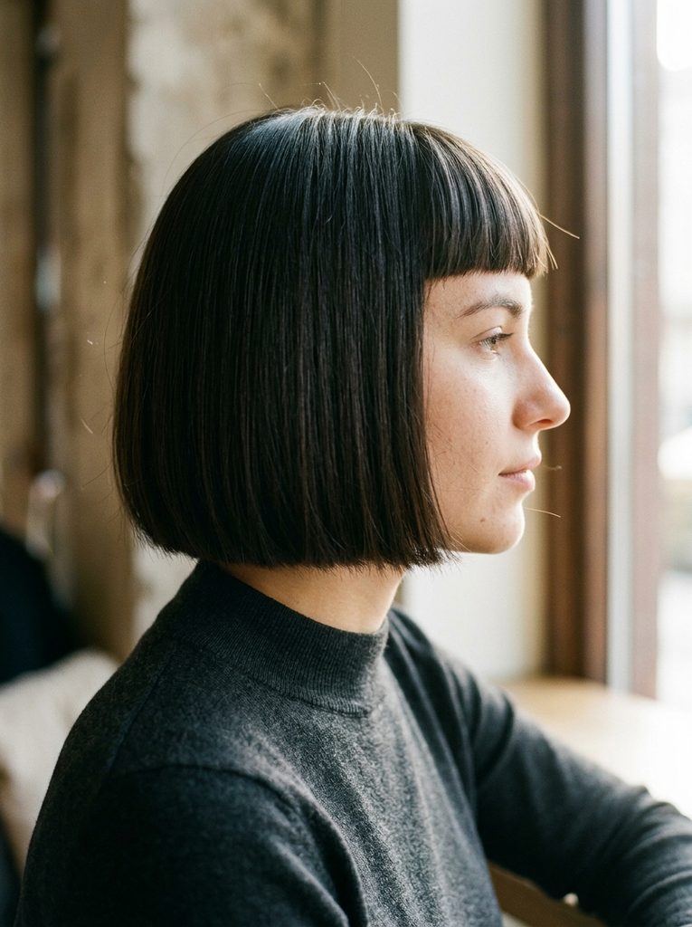 Side profile of a blunt bob with a clean jaw-length line and a fringe above the brows