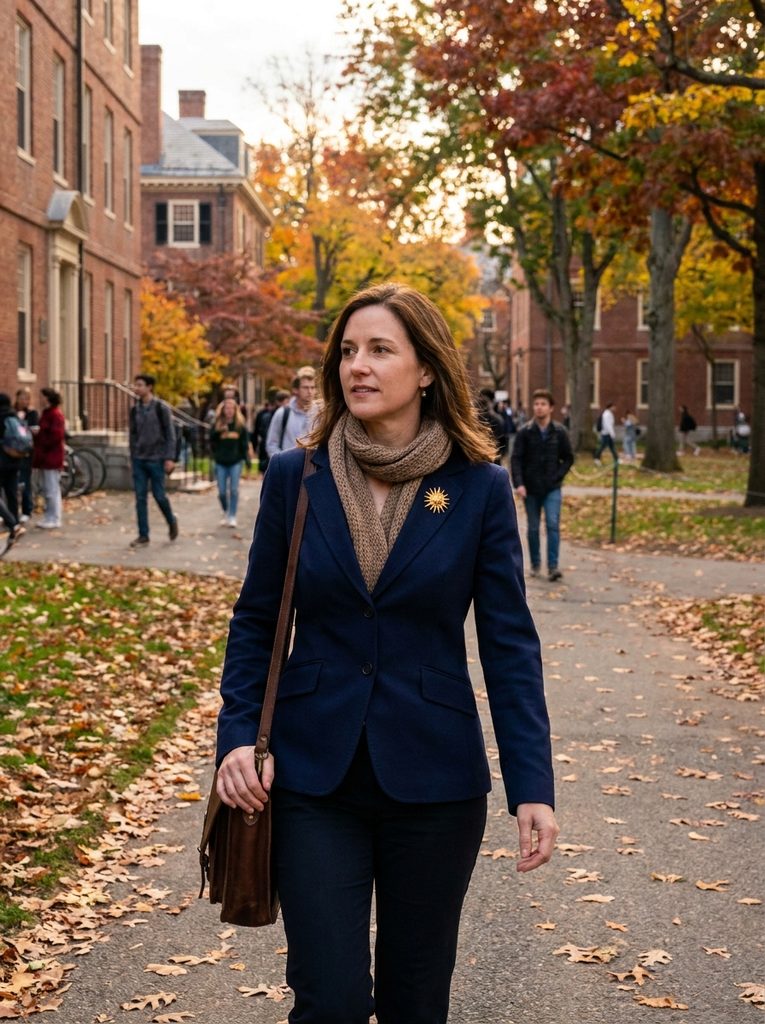 Woman in a navy blazer with a gold brooch on the lapel walking through an autumn campus
