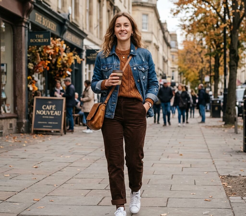 Woman in a tobacco knit, denim jacket, and brown trousers in an autumn park