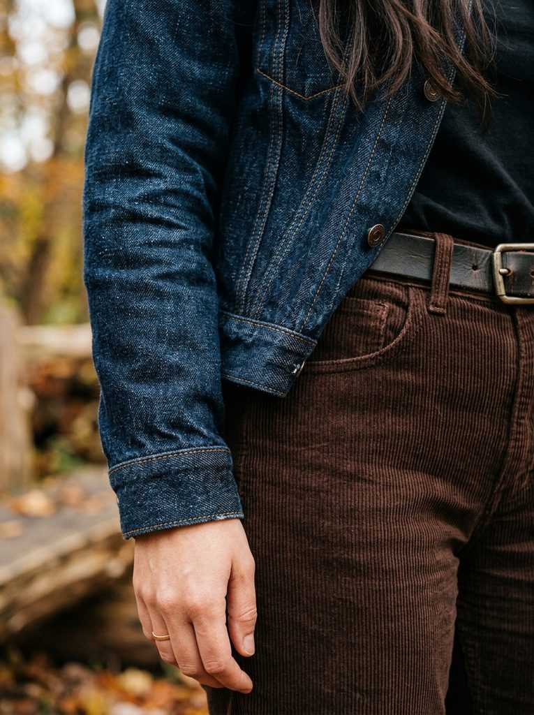Close-up of brown corduroy and raw indigo denim showing fabric texture