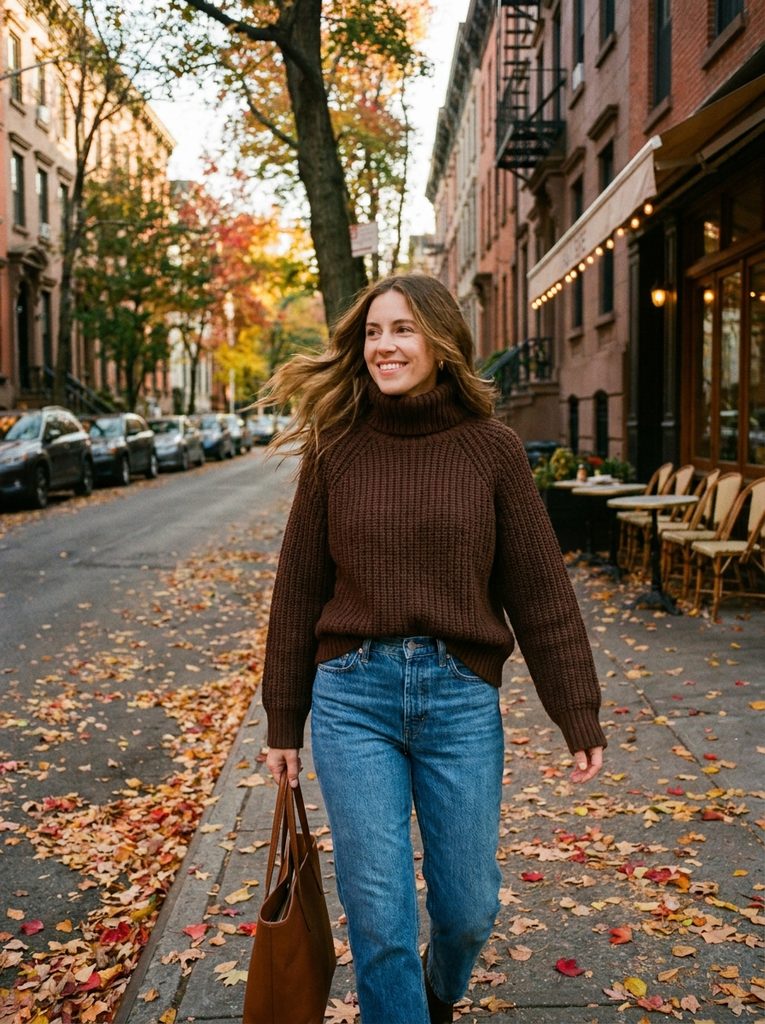 Woman in a chocolate brown knit top and mid-wash jeans walking on an autumn street