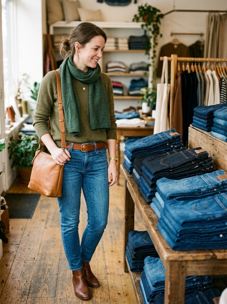 Flat lay of a cognac belt, tan leather bag, and green scarf beside folded denim
