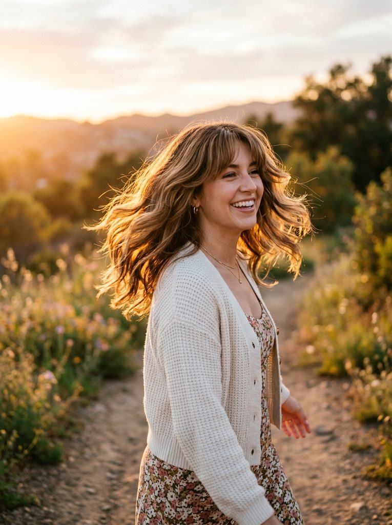 Woman with curtain bangs and a butterfly haircut with movement, photographed in golden light