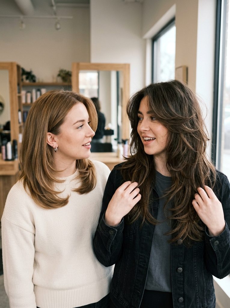 Two women compare an even-layered haircut with a more open, textured butterfly cut
