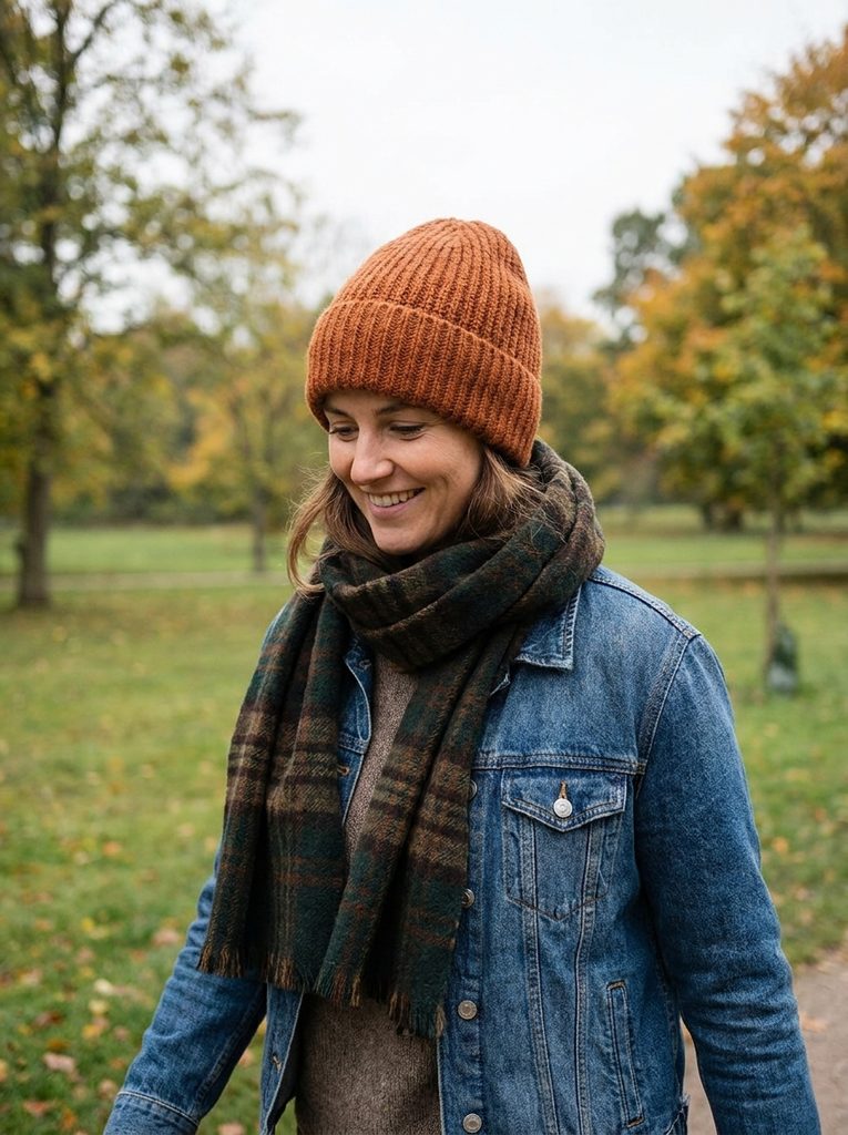 Flat lay of early fall accessories including scarf and beanie