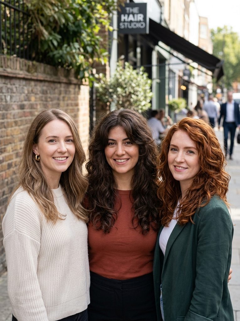 Three women with fine, thick, and wavy hair showing different textures of layered cuts