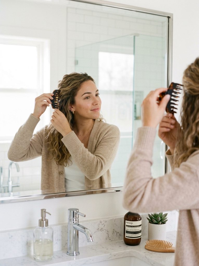 Woman gently removing a claw clip from her hair in a bright bathroom