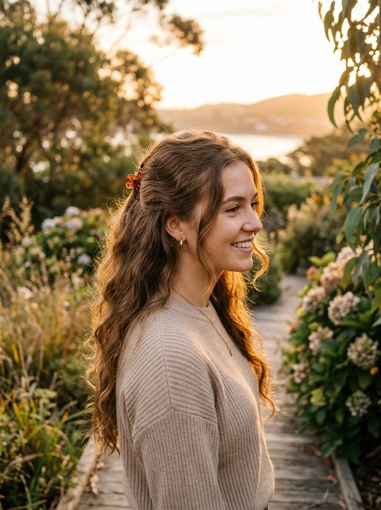 Woman with a half-up claw clip and long wavy hair in warm golden light