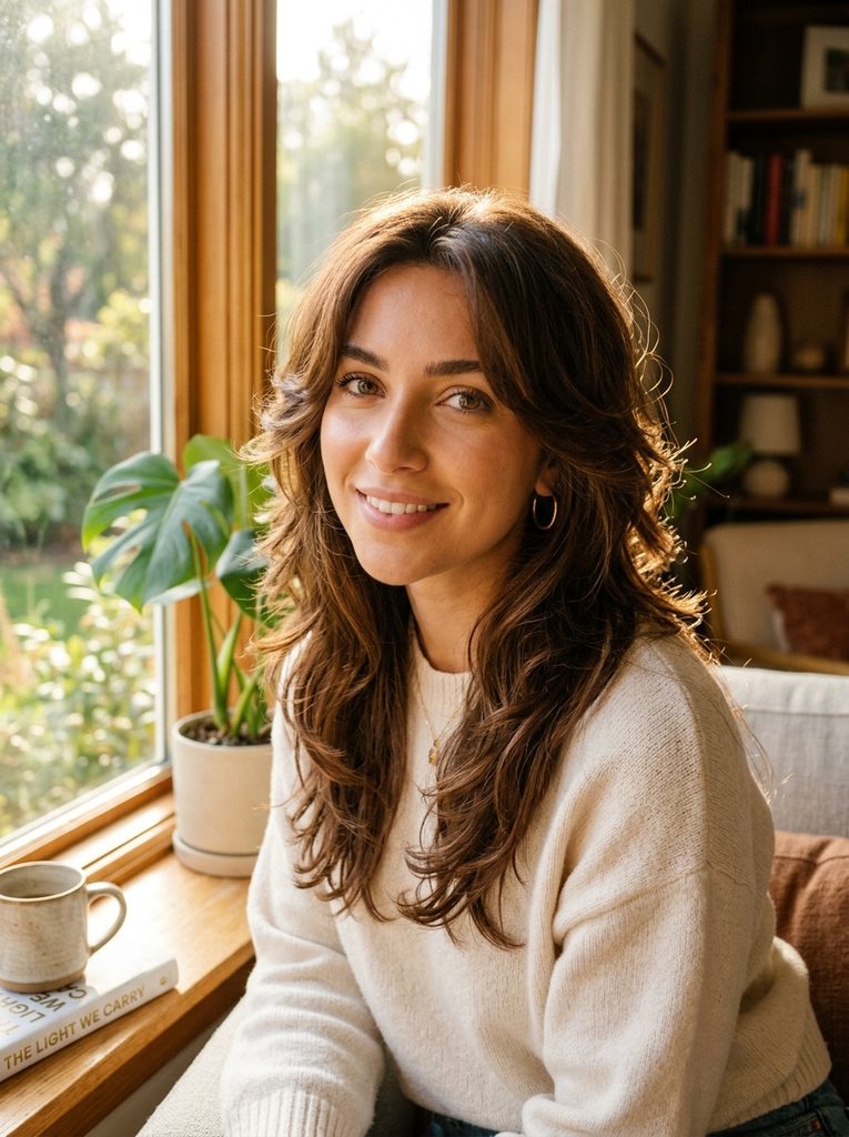 Woman with a layered butterfly haircut and soft face-framing pieces in warm window light